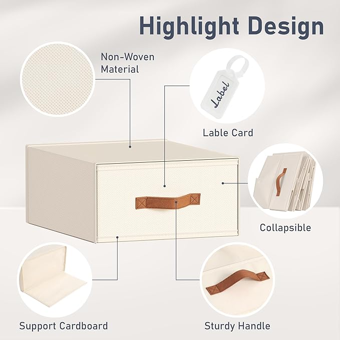 DIMJ Closet Organizers and Storage - Fabric Storage Bins with Drawers Stackable Closet Bins with Labels for Clothes, Sweaters, Bedding, Collapsible Storage Cubes for Bedroom, Living Room, Shelf