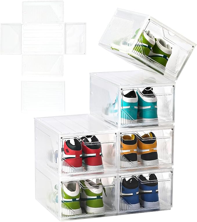 Foldable Shoe Organizer,Shoe Storage Organizer,10 Pack Shoe Box Clear Plastic Stackable,Drop Front Shoe Box with magnetic Door, Containers For Sneaker,Fit up to US Size 15 (X-Large 6pack)
