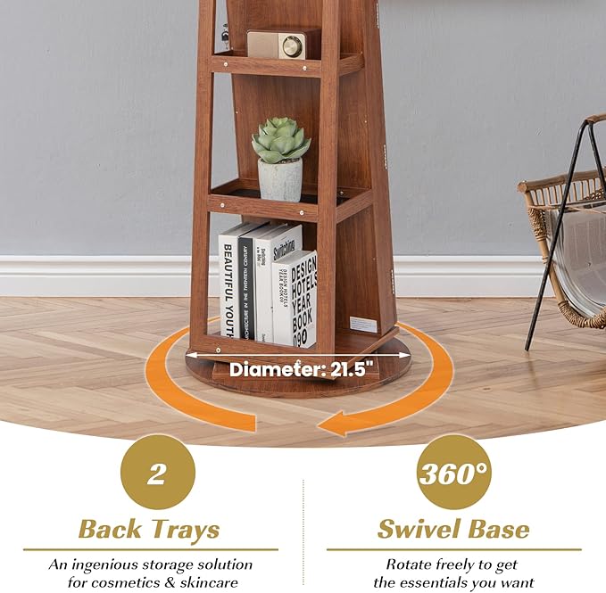 GOFLAME 360° Rotating Jewelry Cabinet with Full-Length Mirror, Freestanding Jewelry Armoire with 3-Color LED Light and Back Storage Shelf, Lockable Jewelry Organizer for Bedroom Cloakroom, Walnut