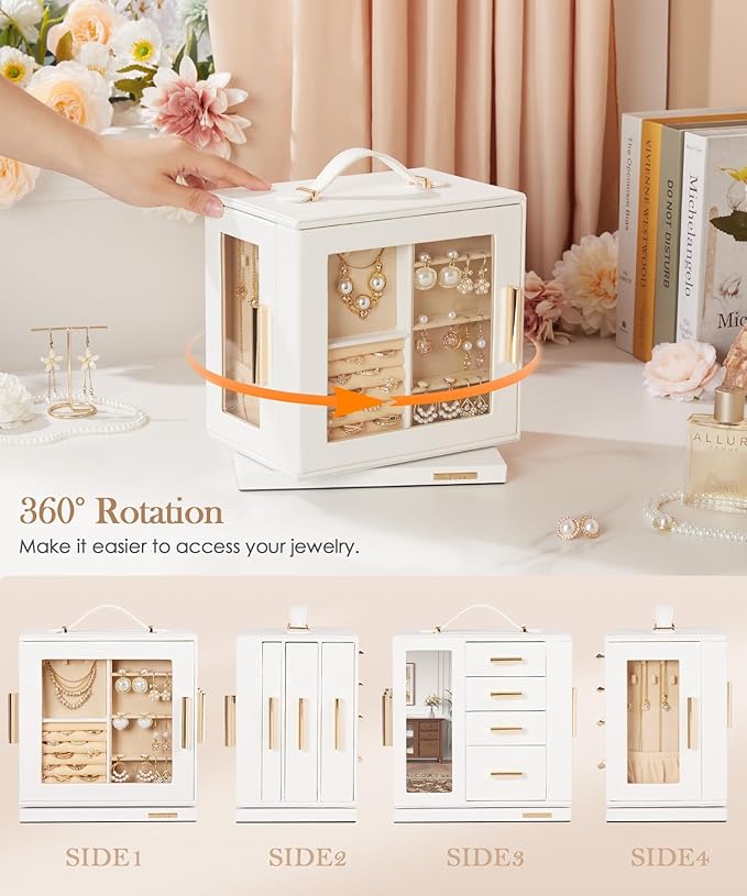 Homde Valentine's Day gifts Jewelry Box 360° Rotating, Necklace Earring Organizer with Transparent Window, Mirror, 7 Drawers, Large Ring Display Storage Case for Girls Women (White)