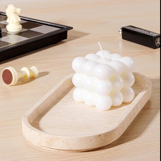 Natural Travertine Oval - 10x5 Inch Bathroom and Vanity Marble Small Tray for Soap Bottle, Perfume, Aromatherapy and Jewelry Accessories - Countertop Tray with Non-Slip Raised Base