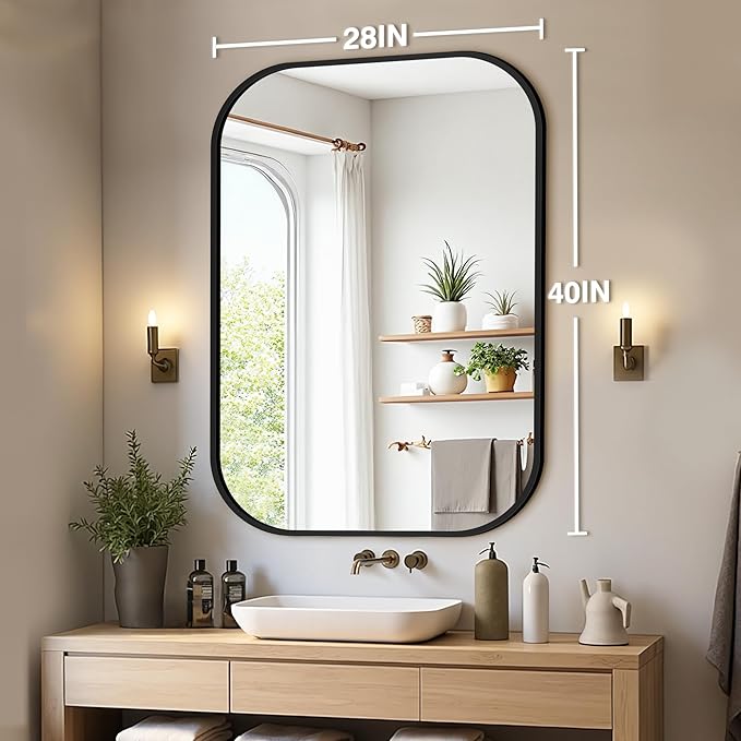 Bathroom Mirror for Wall, Black Bathroom Vanity Mirror for Over Sink 28 x 40, HD Reflection Shatterproof Mirror for Living Room Bedroom Entryway, Metal Frame Rectangular Shape