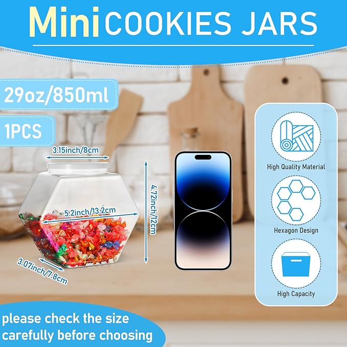 Uiifan 1 Piece Plastic Candy Jar with Lid Cookie Jar Clear Hexagonal Fish Bowls Containers for Snacks, Dog Food, Desk Pet, Craft and Sewing Supplies, Coffee Pod, Laundry Pod Storage Display(29 oz)