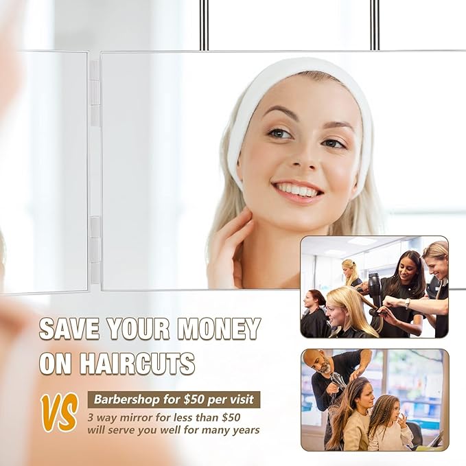 Dripex 3 Way Mirror for Men or Women, 360° Trifold Self Haircut Mirror with Height Adjustable Hooks, for Makeup, Styling, Shaving, Braiding, Dye Hair (White Without Led)