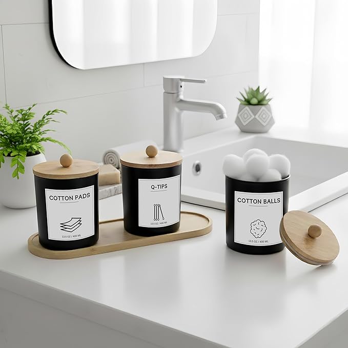 3 PCS Qtip Holder for Bathroom, Cotton Ball Holder with Tray, Bathroom Organizers and Storage, Bathroom Jars for Floss Picks, Cotton Swabs, Balls, Pad(Black)