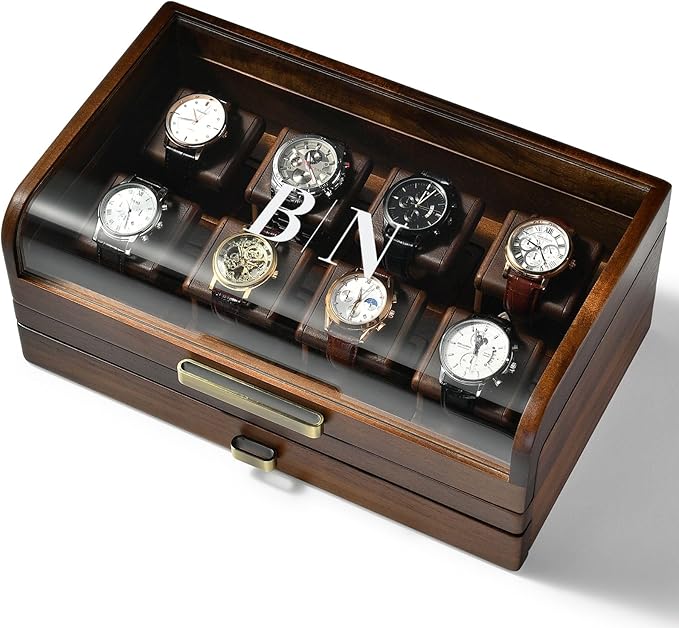 Personalized 8 Slot Wooden Watch Box with Acrylic Lid & Drawer – Engraved Men’s Watch Organizer, Detachable Stands – Luxury Gift for Watch Collector, Groomsmen, Anniversary, Father’s Day