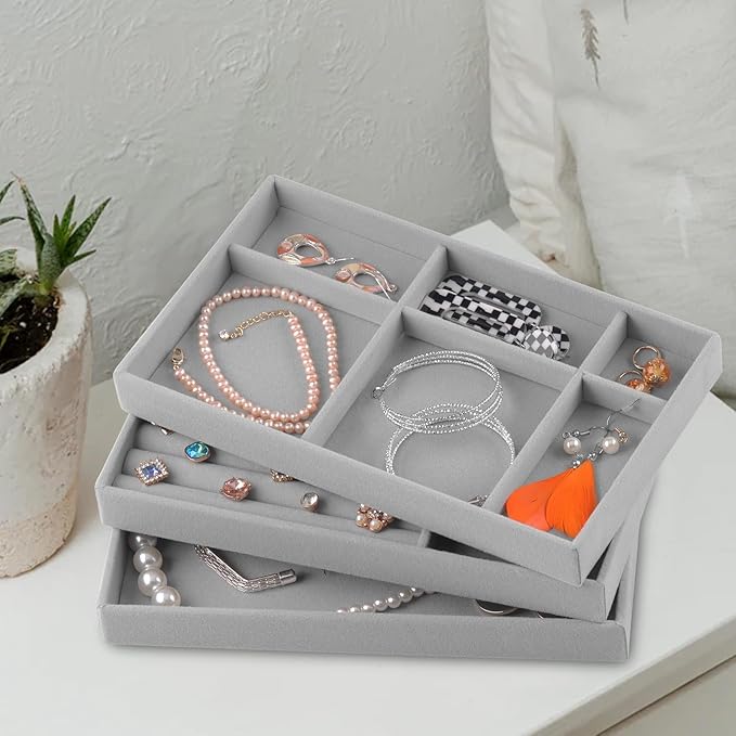 Jewelry Trays,Grey Velvet Stackable Organizer Trays,Drawer Inserts Jewelry Display Case For Rings Stud Necklaces Earring Organizer Tray for Women Girls-8 Pack