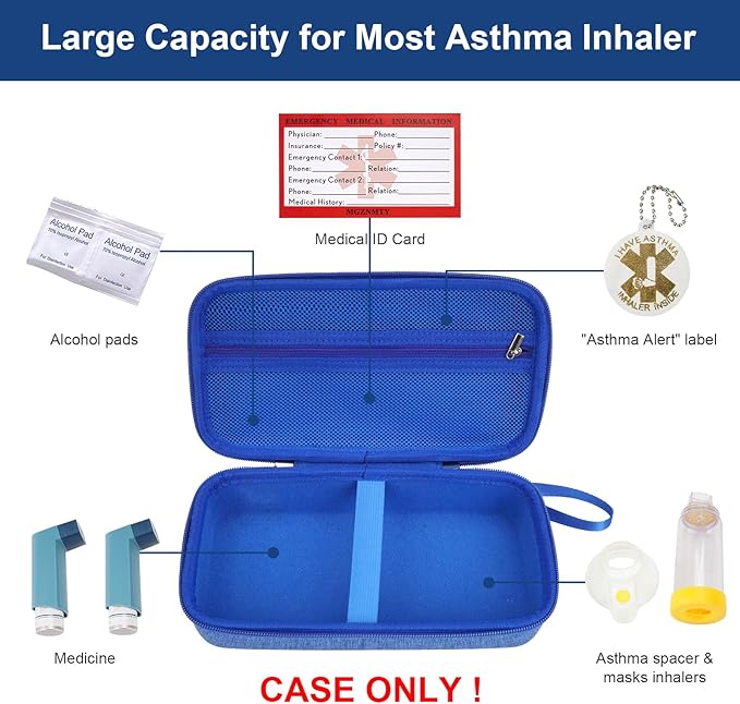 MGZNMTY Travel Carrying Case Compatible with Asthma Inhaler Spacer for Adults and Children, Masks, Inhaler Holder with Asthma Alert Tag and Medical Card, Carabiner (Only Case) (Blue)