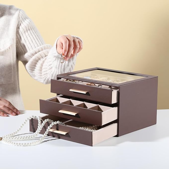 Frebeauty Clear Lid Jewelry Box,3-Layer Jewelry Organizer with Drawer,PU Leather Jewelry Organizers and Storage,Jewelry Boxes for Women,Jewelry Storage for Rings Earring Stud,Gift for Women(Brown)