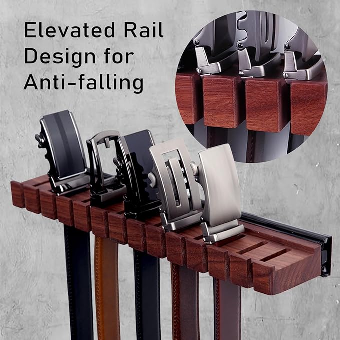 12 Belts Walnut Wood Belt Holder with Slide, Left or Right Slide Flexible Install Belt-Rack, Belt Hanger for Closet, Space Saving Belts Storage Organizer, Gift for Men