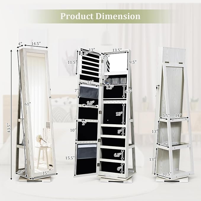 360° Swivel LED Mirror Jewelry Cabinet with Full Length Mirror, Lockable Floor Standing Mirrored Jewelry Armoire Organizer w/Inside Makeup Mirror & Back Storage Shelves (Grayish White)