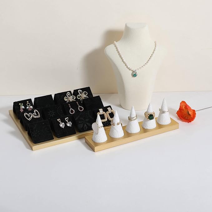 GemeShou Jewelry ring display holder for selling, velvet ring cone display stand, cute cone shaped ring holder with golden coated base,Large jewelry ring storage organizer【Ring holder-white 5 cone】