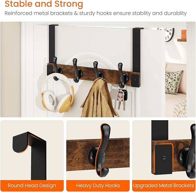 Homode Over The Door Hooks Heavy Duty, Wood Over Door Hanger Hook with Coat Hooks for Hanging Towels, Clothes, Hats, Bags - Rustic Brown Black