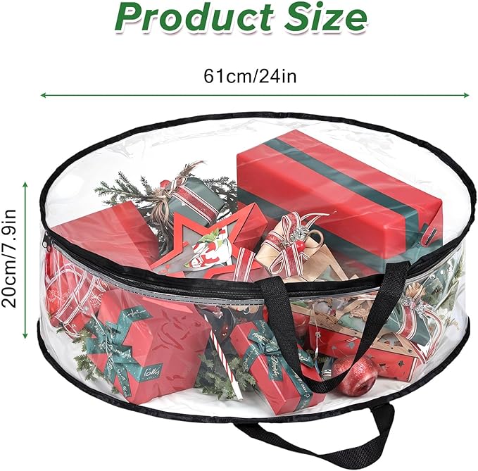 4 PCS Clear Wreaths Storage Bag, 24x8 Inch Christmas Wreaths Storage Container, Heavy Duty PVC Wreath Protector with Handle for Xmas Holiday Seasonal Wreath Garland (Black)