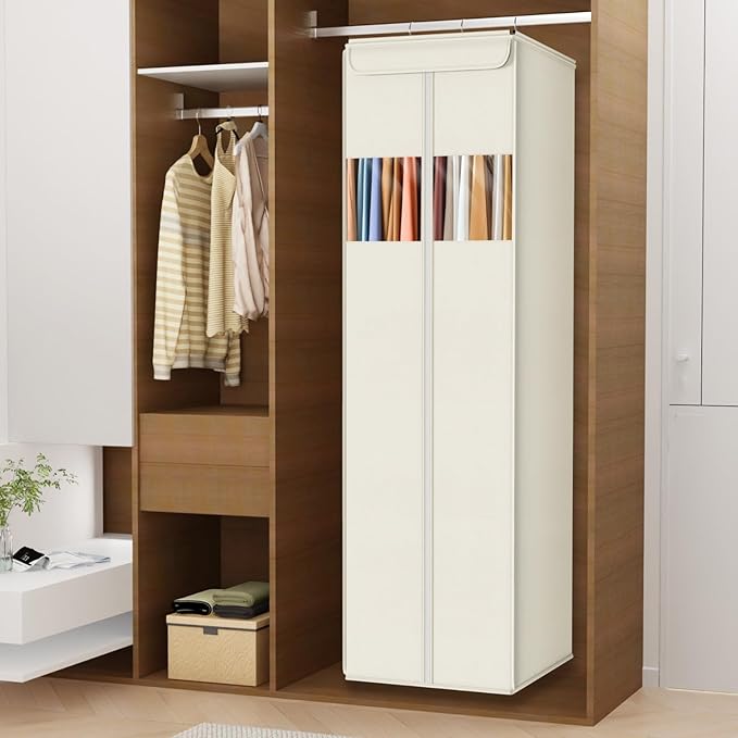Zilink Long Dress Bag for Hanging Clothes 65" Dress Bags for Gowns Long with Clear Window Space Saving Dress Storage Bags Hanging for Long Dresses, Winter Coat, Trousers, Fur, Beige