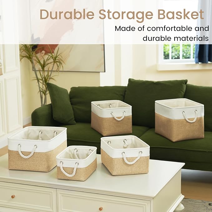 Storage Baskets for Shelves 13.8x9.8x6.7 Inch, Foldable Fabric Storage Bins with Handles, Small Storage Baskets for Organizing Closet, Office, Home Organization (1-Pack, White&Khaki)