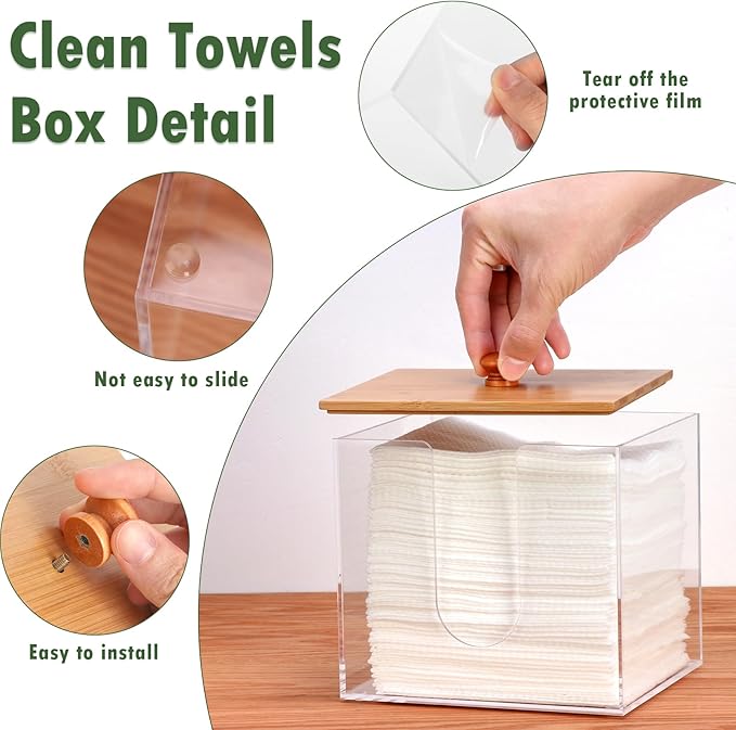 Clean Skin Club XL Acrylic Face Towel Container with Bamboo Lid - Dryer Sheet Holder for Bathroom & Laundry Room