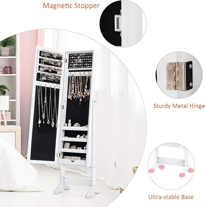 GOFLAME Jewelry Cabinet, Jewelry Organizer with Full Length Mirror Door, Standing Makeup Mirror Cabinet, Freestanding Jewelry Organizer with Large Storage Capacity (White)