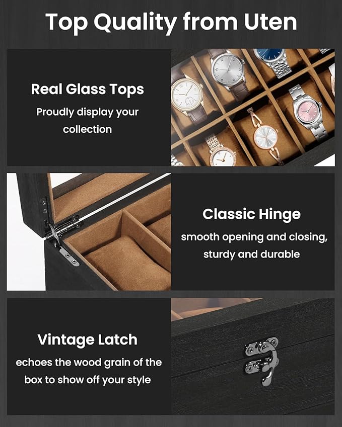 Uten 10-Slot Watch Box, 2-Layers Solid Wood Watch Display Case with Glass Lid, Watch Holder Organizer with Soft Pillow and Velvet Lining, Watch and Jewelry Storage Box, Brown
