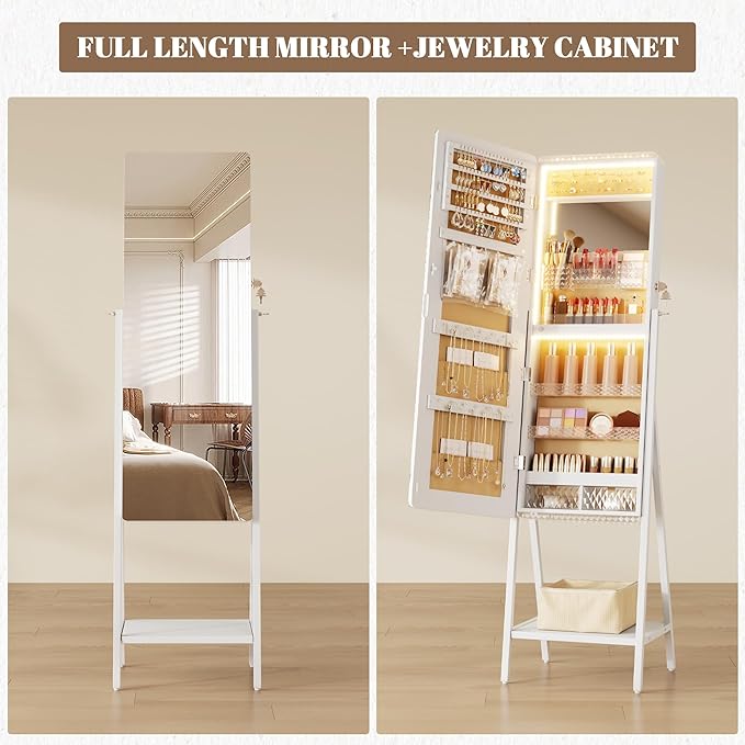 LVSOMT LED Standing Jewelry Mirror Cabinet, Stand Up Full Length Mirror with Storage, Lockable Floor Jewelry Armoire Organizer with 2 Drawers, Bottom Shelf, Built-in Lighted Makeup Mirror (White)
