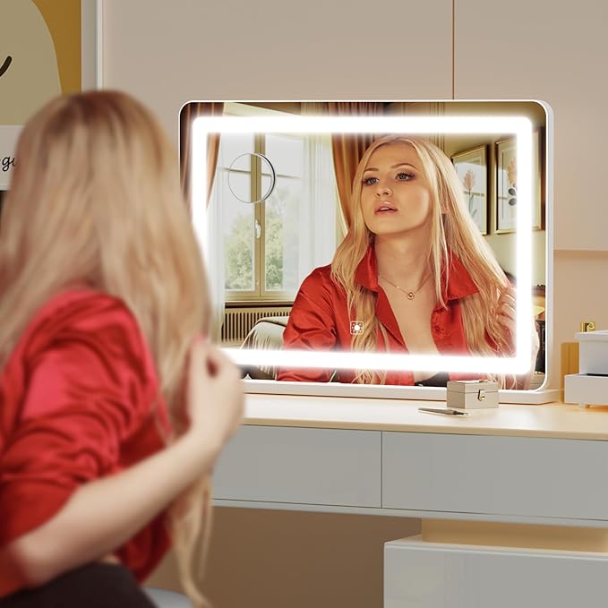 Makeup Vanity Mirror 24" x 19" Large LED Makeup Mirror, Desk Mirorr with Lights, Light up Mirror with 10X Magnification and, Dimmable 3 Modes, Touch Control White