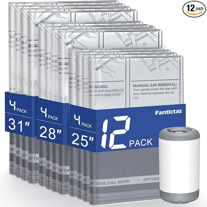 Travel Vacuum Storage Bags with Rechargeable Air Pump, 12 Pack Portable Space Saver Bags, Compression Bags for Clothing, Bedding, Seasonal Storage & Packing Bags for Moving