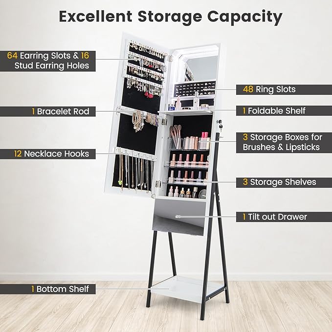 CHARMAID Jewelry Cabinet Armoire with Full Length Mirror, 3-Color Light Strips, Mirrored Tilt out Drawer, Lockable Standing Jewelry Organizer with Storage Shelves, Metal Stand (White)