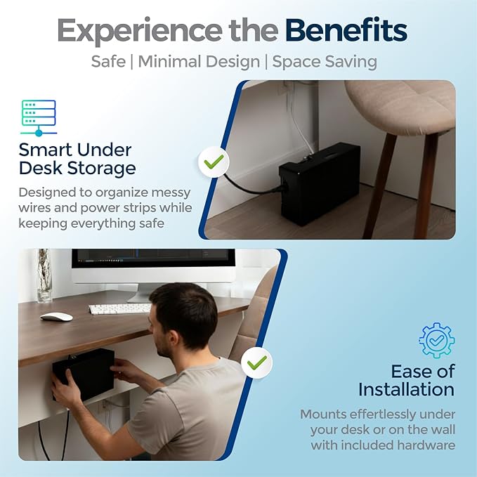 Cable Management Box with Included Mounting Hardware – ABS Cord Organizer (12,7 x 7,8 x 4,5 in) | Heat-Tolerant Power Strip & Cable Storage | Wall-Mountable or Floor Use