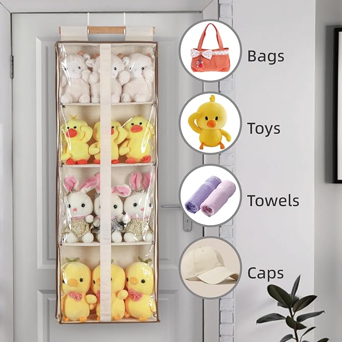Clear Hanging Handbag Storage Organizer with Zippers, Easy Access Purse,Toy,Yarn,Hat Storage Over The Door Purse Organizer Space Saving 4 Pockets for Closet Bedroom Living Room (Beige)