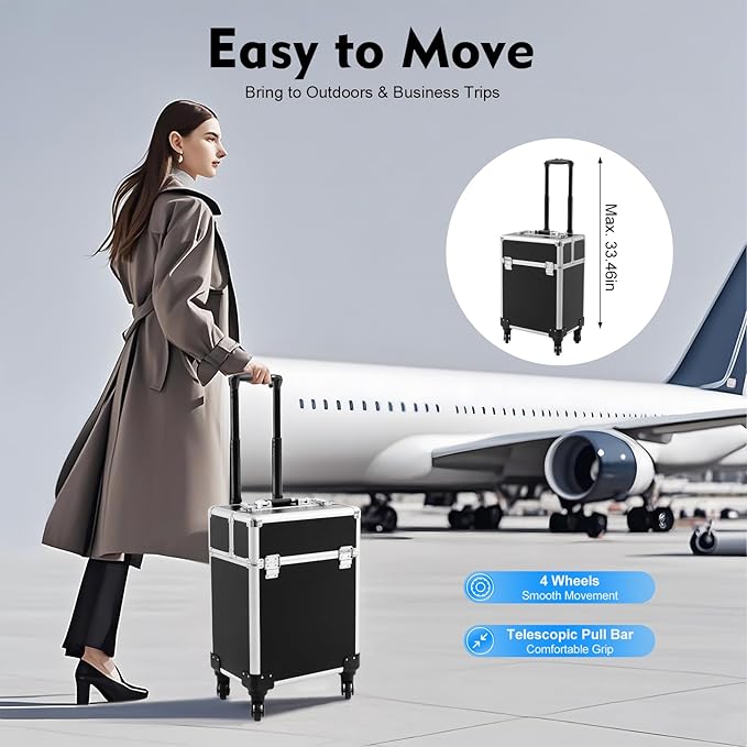 Rolling Makeup Case, Professional Cosmetic Train Case Trolley Roll Travel Box Large Capacity Salon Travel Case for Makeup Artist, Hairstylists, Nail Tech Makeup (Style 3)