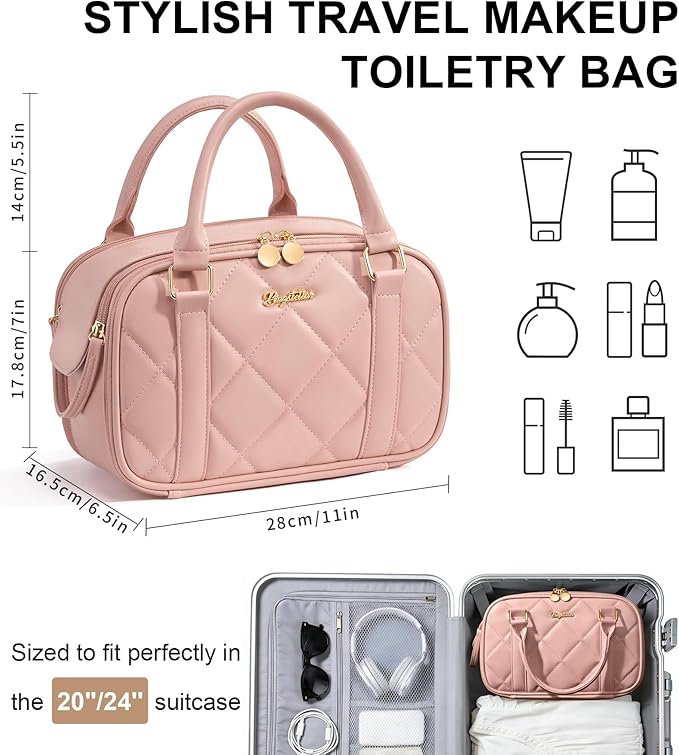 Travel Makeup Bag, Large Capacity Quilted Toiletry Bag for Women Stand-up Cosmetic Bag Open Flat Make Up Case Organizer Portable Pouch Purse w/Handle for Traveling Accessories, Pink