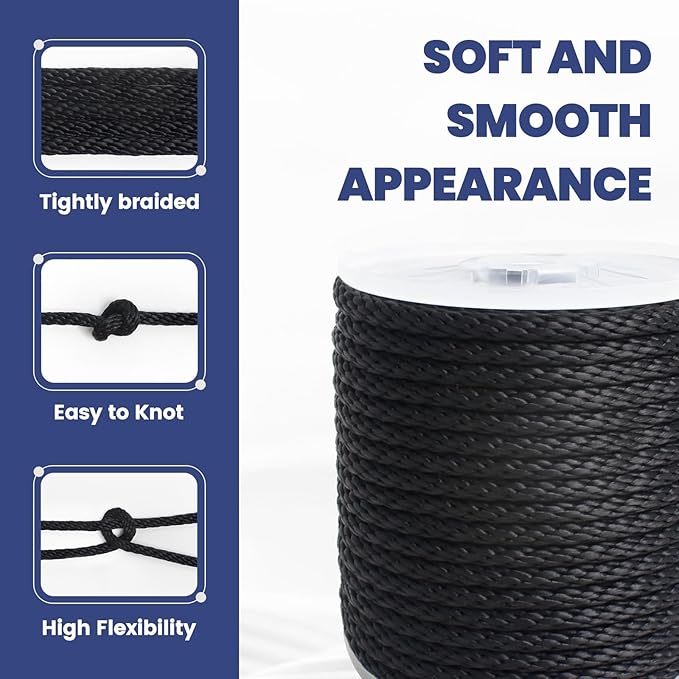 MERIANE Black Nylon Rope 3/8inch 500FT – Multipurpose Solid Braided Rope – Ideal Use for Camping, Clothesline, Marine, Flag Line – Abrasion & UV Resistant – Shock Absorption Rope for Indoor Outdoor