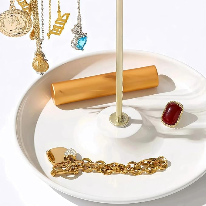 Necklace Holder Stand Organizer with Tray - Gold Jewelry Organizer with 16 Hooks Necklace Tree, Small Necklace Hanger & Ring Holder, Multifunctional Storage Earrings, Lipstick, Watches