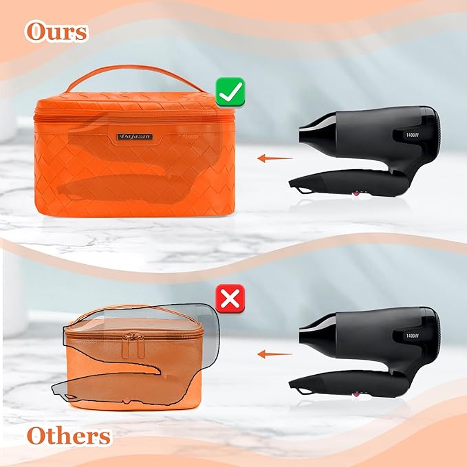 Dajasan Travel Makeup Bag, Travel Cosmetic Bag, Large Makeup Organizer Bag, Travel Toiletry Bag for Bottles, Brushes, Conditioner and Skin Care Products, 11.8 x 6.7 x 7.1 Inch (Orange)