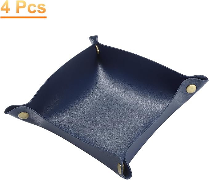 HARFINGTON 4pcs PU Leather Valet Tray Unisex Folding Small Catchall Tray Portable Entryway Table Tray Nightstand Bedside Desk Tray for Key Wallet Watch Coin Jewelry Dice, Dark Blue