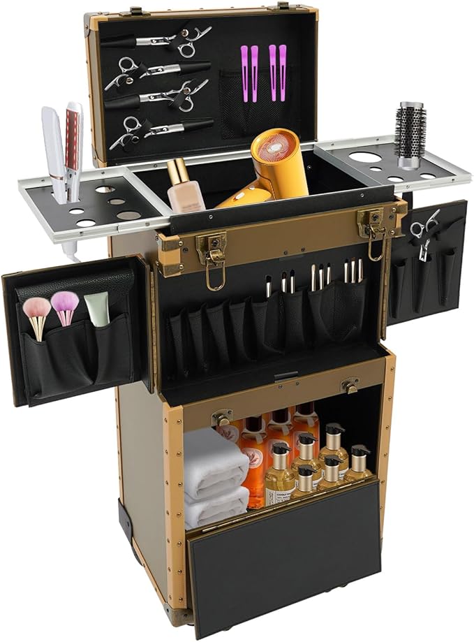 Hair Case,Hair Tool Organiser,Professional Barber Supplies Case,Hairdressing Tool Storage Case,Hair Makeup Salon Organizer with Wheels and Password Locks,Mother's Day Gift (Gold)