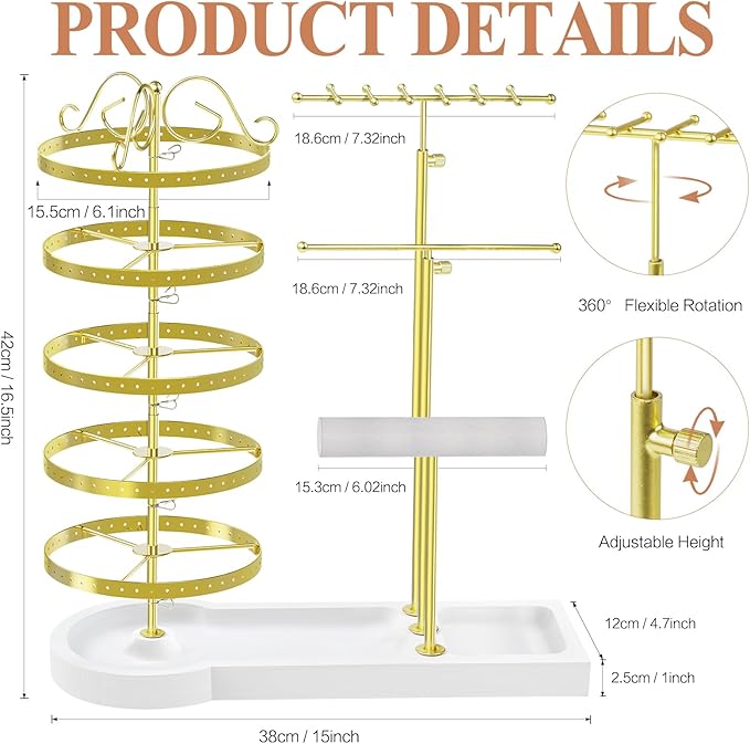 Jewelry Earring Holder Organizer, Adjustable 5 Tiers Rotating Earring Holder 3 Tier Necklace Holder with Wooden Base, Multi-Functional Jewelry Organizer Display Stand for Studs Bracelet Women(Gold)