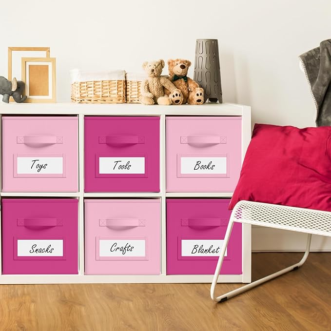 10 Pcs Fabric Storage Cubes with Labels 11 Inch Collapsible Cube Organizer Baskets with Window Cards for Shelf Nursery Clothes Book Toys Storage Bin(Pink, Rose Red)
