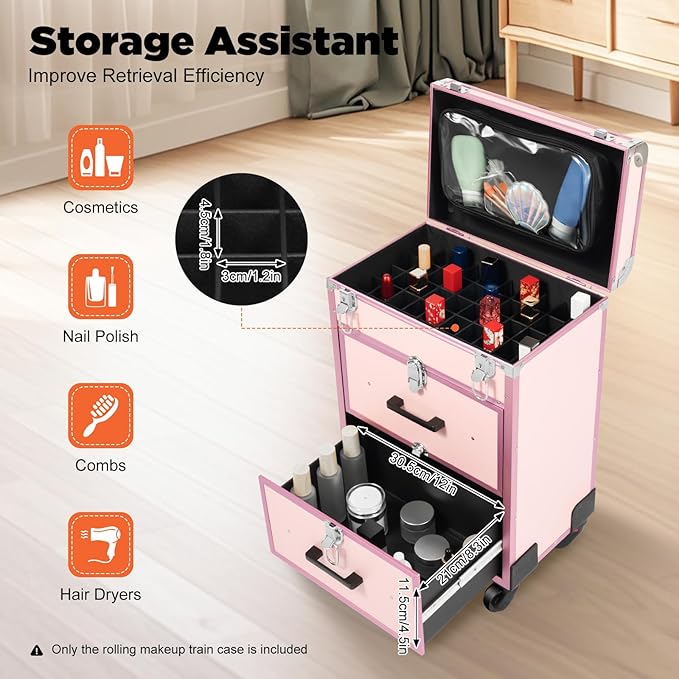 Professional Rolling Makeup Train Case with Drawers, Large Cosmetic Trolley with Locks,Cosmetic Trolley Organizer Case for Travel Makeup/Nail Art/Hair Styling (Pink)