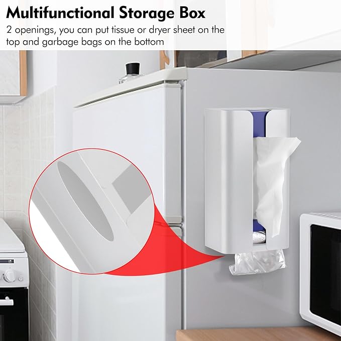 Magnetic Laundry Dryer Sheet Dispenser, Tissue Holder, Garbage Bag Dispenser for Fridge, Kitchen, Laundry (White)