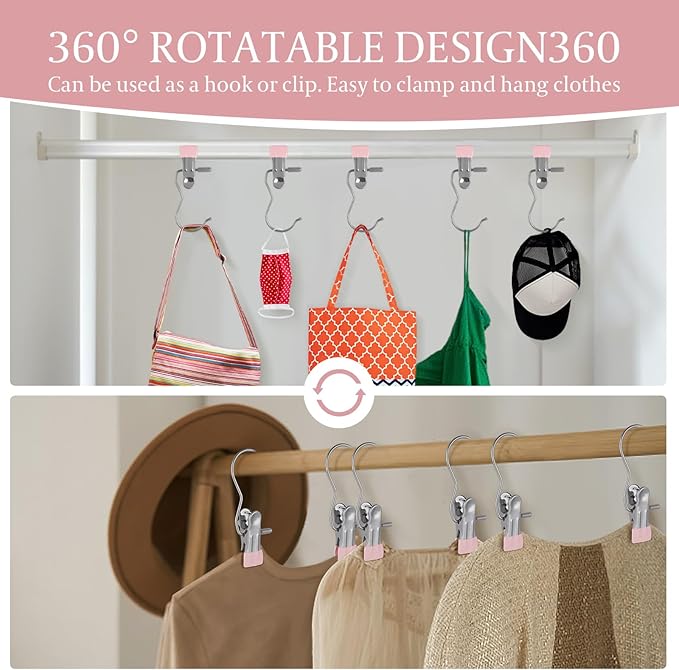 50PCS Space-Saving Clothespin, Portable 360° Rotating Stainless Steel Hanging Hook Clips Towel Clips,Laundry Hooks Hanging Clips with Clips for Home and Travel, Pink