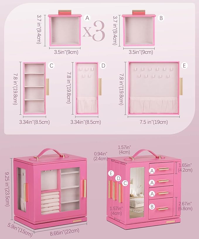 Homde Jewelry Box 360° Rotating, Necklace Earring Organizer with Transparent Window, Mirror, 7 Drawers, Large Ring Display Storage Case for Girls Women (Pink)