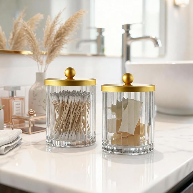 Amolliar Qtip Holder Dispenser for Bathroom, Clear Glass Canister Apothecary Jar for Cotton Swabs, Cotton Balls, Makeup Pads, Floss Picks, Container for Countertop Vanity Storage Organizer,Gold 2 Pack