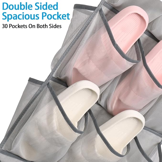 3Pcs 30 Large Pockets Dual Sided Hanging Shoe Organizer Double-Side Closet Storage Shelves with Rotating Hanger Space Saving Storage Bag Portable Shoe Rack Holder for Bedroom Laundry Room,Gray