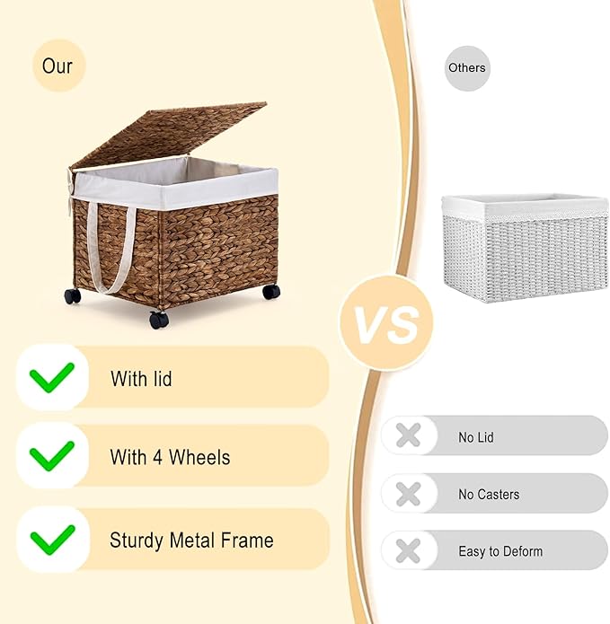 Laundry Hamper with Lid, Large Capacity Woven Natural Water Hyacinth Laundry Sorter with Removable Liners, Rolling or Non-Slip Design for Bedroom (Espresso, 60L)