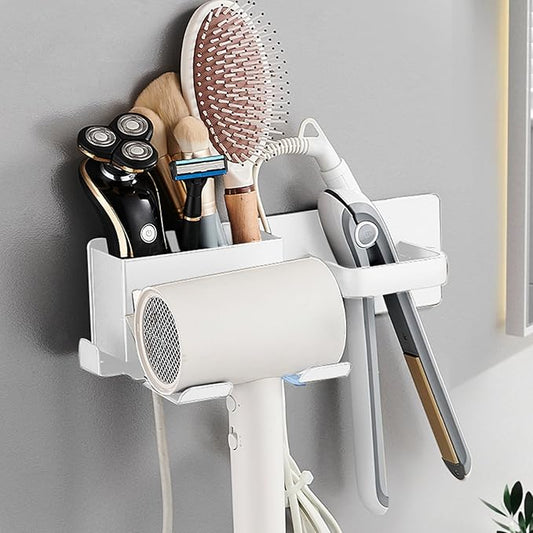 Hair Dryer Holder,Stainless Steel Wall Mounted Blow Dryer,Curling Iron,Straightener Holder Bathroom Metal Hair Tool Organizer Rack- White