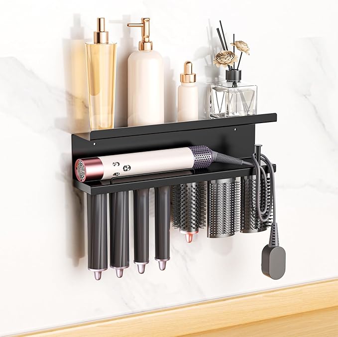 Hair Dryer Holder Wall Mounted, Straighteners Holder Adhesive, Metals Curling Iron Holders Accessories Storage, Hair Tool Organizer for Cabinet Bathroom Bedroom Barber Shops (Black)