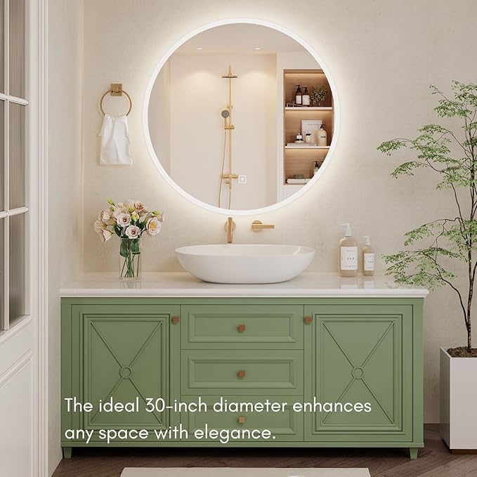 30 inch Round LED Vanity Mirror with Lights, Bedroom and Bathroom Mirror, Touch Control 3-Color Dimmable Lighting, Easy Wall Mount, Plug-in Power