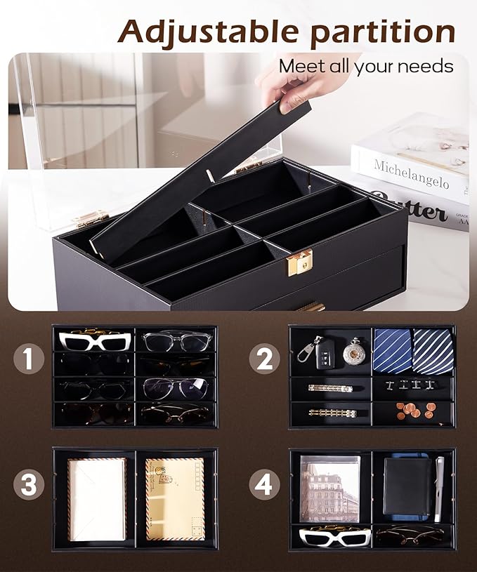 Homde Sunglasses Case Carbon Fibre: Large Organizer for Men Bedroom Dresser - Acrylic Clear Display Holder for Glasses & Jewelry