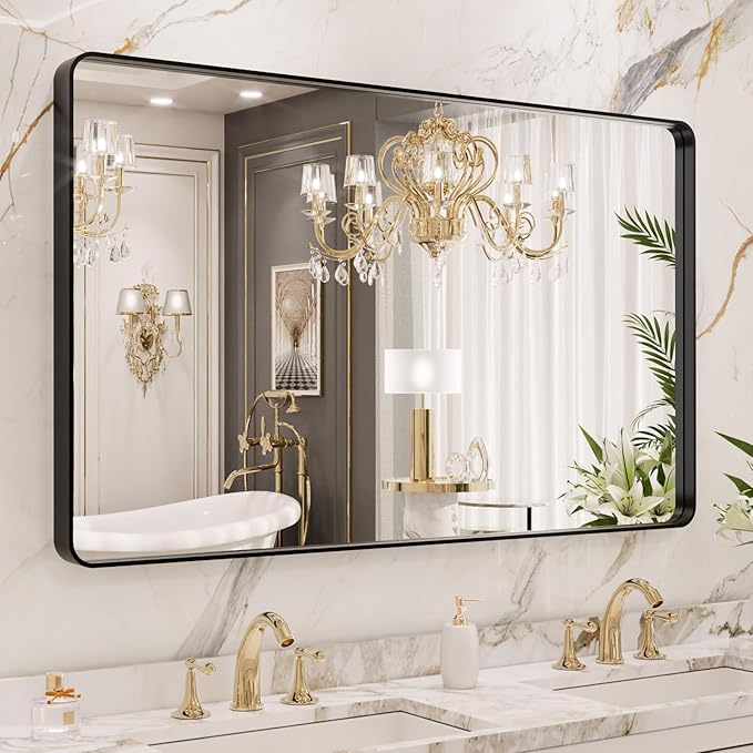 LOAAO 40x24 Inch Black Metal Framed Bathroom Mirror for Wall, Matte Black Bathroom Vanity Mirror Farmhouse, Large Rounded Rectangle Mirror, Anti-Rust, Hangs Horizontally or Vertically